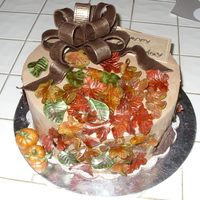 Colleens Bd Cake Choc. Pumpkin Spice cake with Choc/Kahlua IMBC. Decorations are all fondant/gp. Leaves were hand painted.