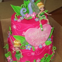 Tinkerbell this is my version of Kiddiekakes 3 tier tinkerbell cake. marble cake,bc frosting, fondant leaves,flowers,heart plaque.tinkerbell dolls are...