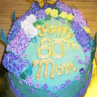 80Th Birthday Birthday cake for neighbor's Mom. It was a lemon cake, icing & curd. Lilacs andlittle yellow roses were gumpaste, white roses were...