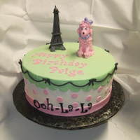 Ooh-La-La Pink poodle in Paris cake for a friends 2 year old daughters birthday. Buttercream frosting with fondant accents. The Eiffel Tower and...