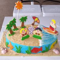 Maggie's Cake Cake 8-year old's birthday using hula/Hawaiian theme. Cake was Devil's food with chocolate ganache filling and chocolate shells...