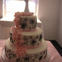 Previe Wedding 3 tiered buttercream cake, top and bottom tiers are WASC, middle tier is Pink Champagne, Free handed design, Duff Roses