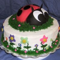 Ladybug And Flowers Birthday Cake 10" Vanilla filled with strawberries and iced with buttercream. Fondant flowers with BC piped grass, stems and leaves. Ladybug is...