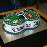 Race Car Track This was 2- 8 inch cakes put together. The frosting is buttercream & the race cars on fondant. Lots of fun.