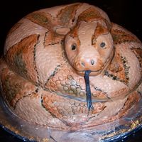 Snake Cake cake for a boys 8th birthday party. Chocolate cake with cookies n' cream filling and MMF.