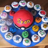 Pokeball Cake And Pokemon Cupcakes Made this for my sons 9th birthday party. Sports ball pan for pokeball, covered in fondant (not easy and didn't go well). Letters were...