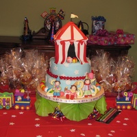 Circus Birthday A three-tiered birthday cake for the shared birthday party of two little "clown" girls turning 3 and 5, and one little "...