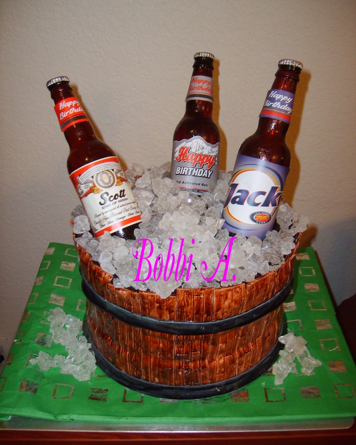 Beer Barrel 2 layer black forest cake with sugar bottles and rock candy ice. Thanks to all who posted pics that inspired me to attempt this one myself...