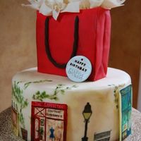Shop Girl 10" fondant covered cake for friend's birthday. made painted shops of the places she liked. vines also hand painted. all other...