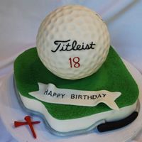 Golf Ball Cake 6" fondant covered golf ball, 8" carved green. chocolate tees. i forgot to put the club head on golf club...oh well!