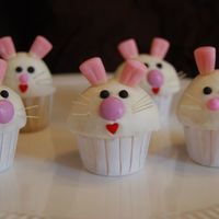 Bunny Cupcakes mini cupcakes made to go with chick cupcakes for DD's class. buttercream with bunny corn ears, fondant eyes and candy noses. whiskers...
