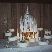 Castle Cake For A Cinderella Wedding Various flavered round cakes for a large wedding. The castle is made of craft board, glitter and beads.