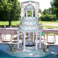 Teal Piping With White Roses WASC cake with buttercream icing. Sides of cake are piped with teal flowers, stems and leaves. White, silver tipped buttercream roses...