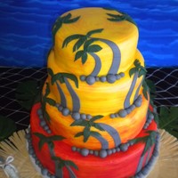 Sunset Cake Buttercreme icing covered in yellow homemade fondant. The red color was painted onto each tier, and fondant palm trees and rocks were added...