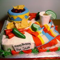 Happy Birthday Hot Stuff Cake I made for my brother to give to a girl he likes who loves spicy stuff and tequila and makes her own salsa. Iced in buttercream, salsa...