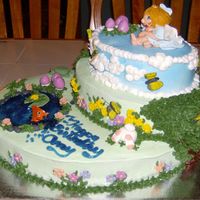 Fairy Garden Side View Marble cake (16 cups) b/c icing and fondant and b/c decorations. Tinted gel for the water.