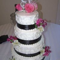 Black & White Wedding Cake 6-8-10-12 covered in buttercream with real ribbon and flowers. TFL!