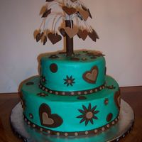 Turquise And Brown Wedding Shower Cake Sponge Cake filling with Almond Meringe and Strawberry Cream Cheese Filling. Turquise frosting is buttercream and flowers and hearts are...