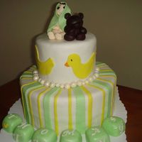 Jennie's Bs2007 chocolate cake w/ bavarian cream filling. She wanted green, yellow, ducks and building blocks w/ the baby's name on it. Covered in MMF...
