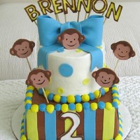 Mod Monkey Boy 8"/6" Buttercream covered with fondant decorations. Make to match mod monkey party ware.