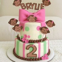 Mod Monkey Girl 8"/6" Buttercream covered with fondant decorations. Made to match the Mod Monkey party ware for a little girl.