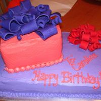 Birthday Present Cake Made this for my daughters birthday. Red Velvet cake with buttecream and fondant bows. Need to work on my bows!!