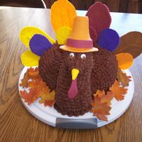 Gobble, Gobble! Thanksgiving turkey cake/ centerpiece. Chocolate buttercream icing with fondant accents. Everyone LOVED this, but I was disappointed...