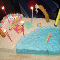 Luwwai Hen Night Cake Chocolate sponge cake covered in buttercream, soft brown sugar for the sand and sugarpaste palm trees and wind breaker.