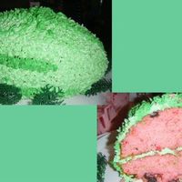 Watermelon Cake I made a watermelon cake for our 4th of July picnic. Strawberry cake with chocolate chips for seeds. Buttercreme icing. I used the 3d...