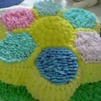 Wilton's Flower Cake two layel chocolate with vanilla cream filling.Petals done with the leaf tip.5 birthdays for this cake on Memorial day .Added the names...