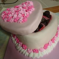 Valentine Heart Candy Box candy box all done with fontant , royal icing dropped flowers, Bc. ruffle and Homemade mint chocolates in box.