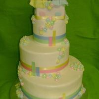 Baby Shower First Baby Shower cake covered in fondant.Decorations made of fondant/gumpaste mix (baby,gift box and tissue paper) MMF flowers.Dusted with...