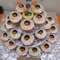 Diego's Cupcake Tower Diego's theme birthday cupcakes.Yellow butter-almond cake,store bought icing(the whipped one,I love it!)I made the tower with a few...