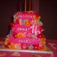 Aloha Sweet 16 Ths was my very first tiered cake.Buttercream icing, fandant letters, and silk flowers.I was pretty pleased with the outcome, and thatit...