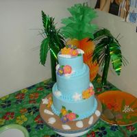 Tropical Themed Bridal Shower 4in layers, 4,6,8. Another cake for my girlfriend getting married in Jamaica. buttercream with fondant shells (Wilton shell mold) and the...