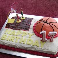 Basketball Cake This is a vanilla cake, with bc icing. The ball is chocolate cake, with fondant. My first attemptat using fondant. My son was very happy...
