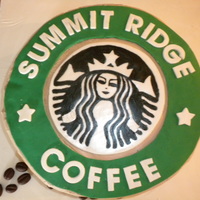 Summit Ridge Coffee Made with starbucks liquor. The coffee beans are modeling chocolate. Hand painted by my daughter. Whip cream coffee and fondant accents.