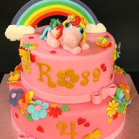 My Little Pony (Rainbow) I loved making this all pinky cake ;-) Makes you feel like a little girl again :-) The my little pony and the rainbow are made of gumpaste...