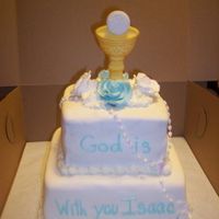1St Communion Cake fondant covered cake with sugar host and chalice for cake topper with gumpaste flowers