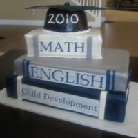 Graduation Book My first attempt to stacked book cake it is a 10x15 bottom,9x13 middle,9x13 cut in half then stacked,grad cap is made from round glass bowl...
