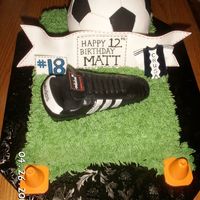 Soocer Themed Birthday Cake Soccer ball was made using the Wilton ball pan covered in fondant. Banner, numbers, and jersey, were gumpaste. Cleat was carved with cake...