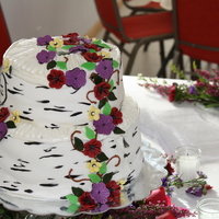 Small Wedding Cake for outdoorsy, simple wedding. Carrot cake with cream cheese, MMF "birch bark" sides, MMF flowers. Also small satallite cake...