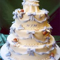 Welcome Little Cherub White fondant cake decorated with gumpaste bows, cherubs helping to decorate cake, baby bibs, clothing, rattles, bottles, teddy bears and...