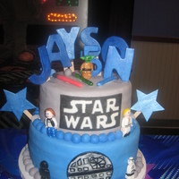 Jayson's 5Th... For a friend of mine whos son was turning 5. Both tiers are starwberry cake with vanilla BC, covered in MMF. Name, number, death strar, SW...