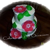 2 Tier Cake Made rolled fondant flowers and leaves, buttercream icing, tear drop border.
