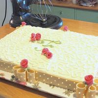 Bridal Shower Sheet Cake W/fondant Ribbon And Duff Roses This is the view of the whole cake using the white chocolate fondant ribbon and the Duff roses. There is also a close-up of the corner in...