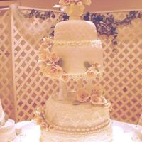 Daughter's Wedding Cake This is the cake I made for my daughter's wedding. It's covered with fondant and lace appliques. The roses are pale pink gumpaste...