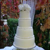 4_Layer.jpg BC/rosette icing. Sugar crystals on 2 tiers, hand rolled fondant balls painted with a pearl dust shimmer. Almond cake with cream cheese...