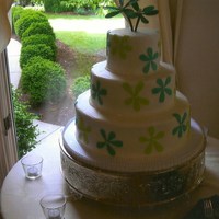 Whimsical Flowers. Hand cut petal whimsical flowers in turquoise and lime green with large fondant pearl centers on topper flowers.