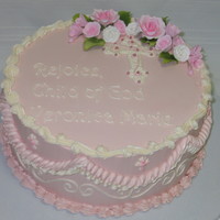 Pink Baptism Cake. Frosted in IBC with gumpaste roses.